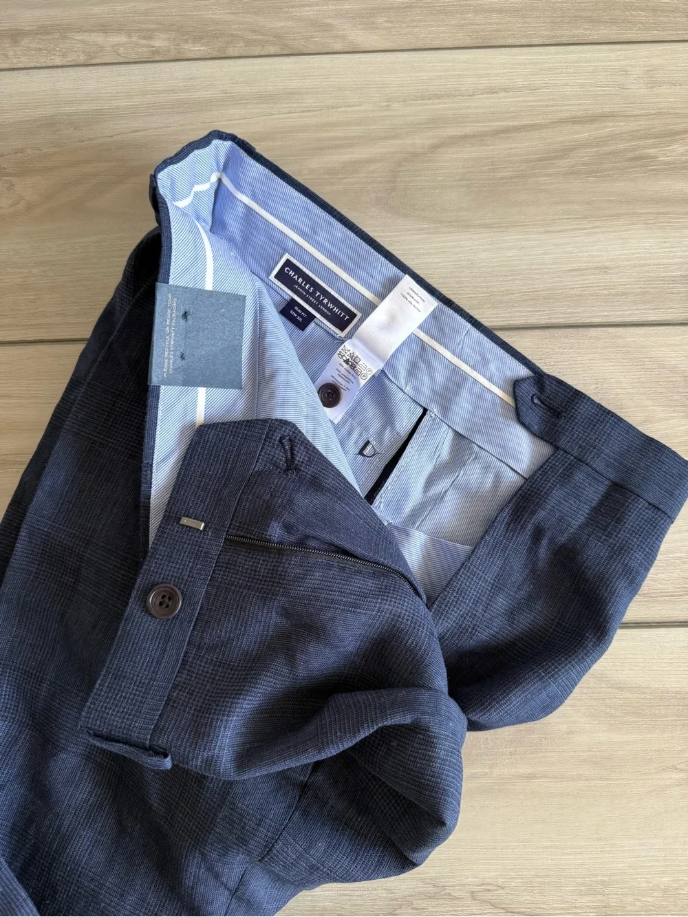 Charles Tyrwhitt Pure Linen Check Pants Blue 32w/32L NWT